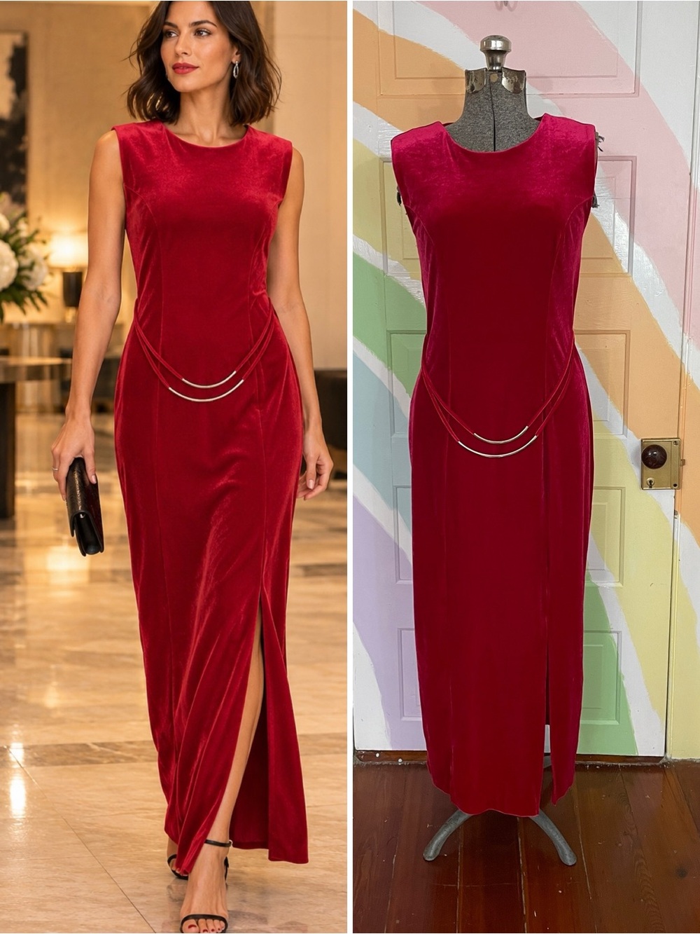Vintage Giorgio Fiorlini Red Velvet Maxi Dress Silver Waist Detail Sz 5/6 💚🎀